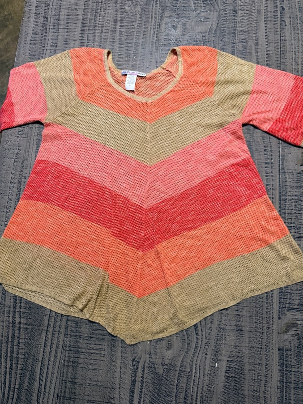 Striped Chevron Knit Sweater in Coral, Red & Tan by Two-One-Two New York